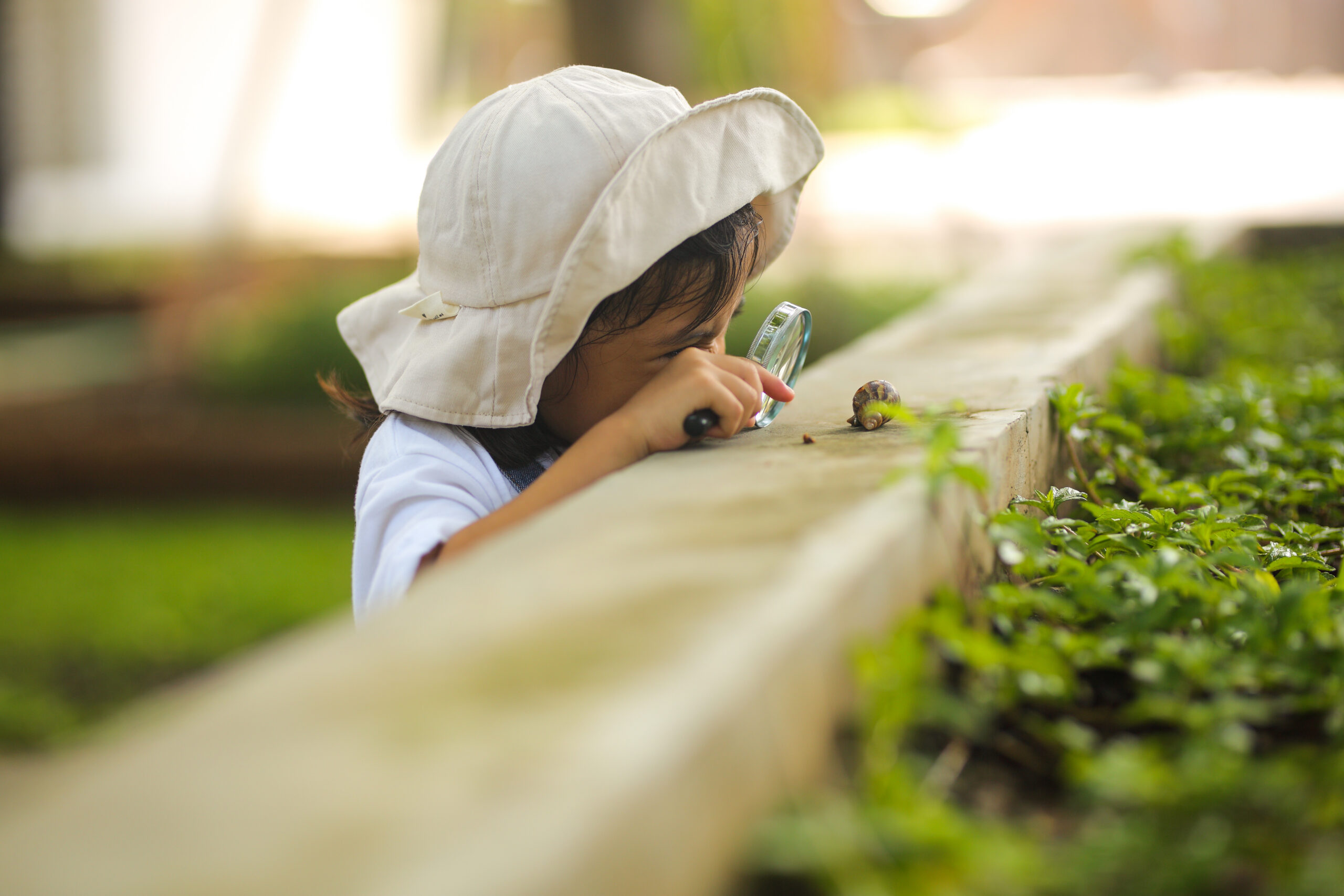 little child looking at snail through a magnifying glass